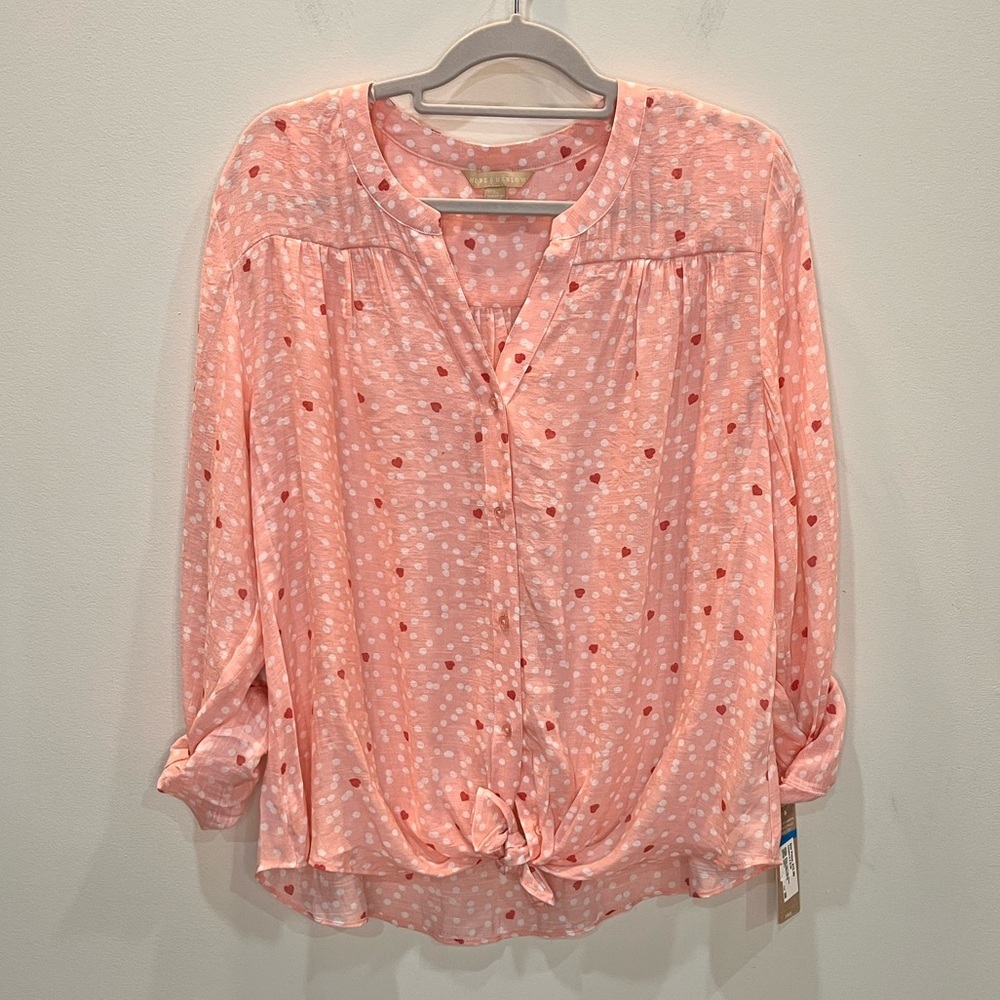 Hope and Harlow Button Up Long Sleeve Top Heart Print‎ Women’s Size XL Tie Front